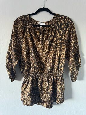 Y2K Tuscan Mom Calvin Klein Leopard Print Billowy Blouse, w/ Gold Accents